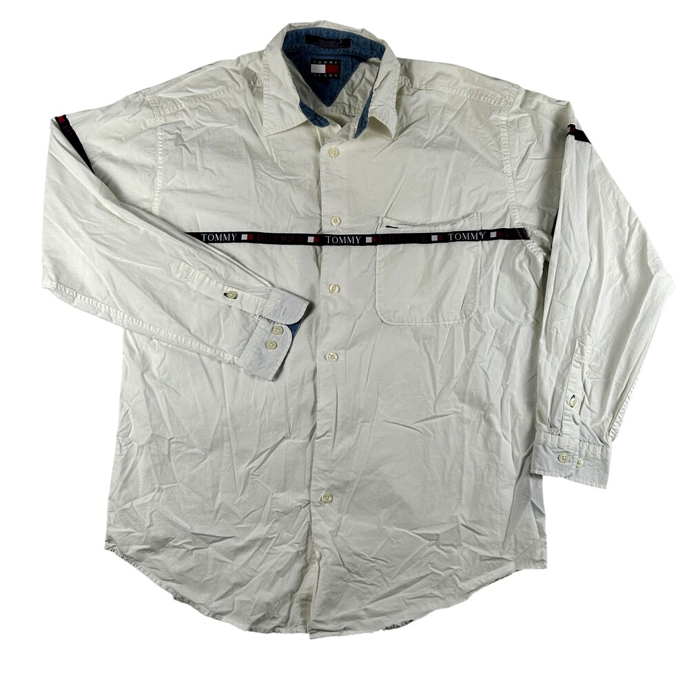 Vintage Tommy Jeans Shirt Mens Medium White Logo Tape Hilfiger Button Up 90s